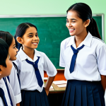 Harmonious Classroom Discussion**

A diverse group of fully clothed students in modest school uniforms participating in a classroom discussion led by a teacher. The setting is a bright and welcoming classroom in Malaysia, featuring local decorations. Emphasis on positive interactions, active listening, and respect. Safe for work, appropriate content, professional illustration, perfect anatomy, correct proportions, natural pose, high quality.

**