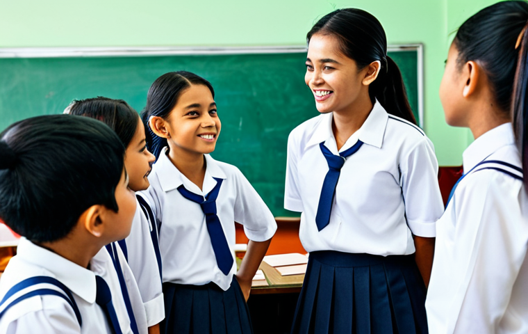 Harmonious Classroom Discussion**

A diverse group of fully clothed students in modest school uniforms participating in a classroom discussion led by a teacher. The setting is a bright and welcoming classroom in Malaysia, featuring local decorations. Emphasis on positive interactions, active listening, and respect. Safe for work, appropriate content, professional illustration, perfect anatomy, correct proportions, natural pose, high quality.

**